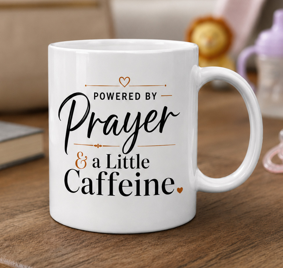 Powered by Prayer and a Little Caffeine mug